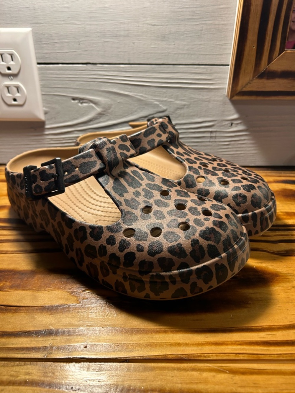 CROCS Leopard Print Mary Jane Clog Sandals - Brown